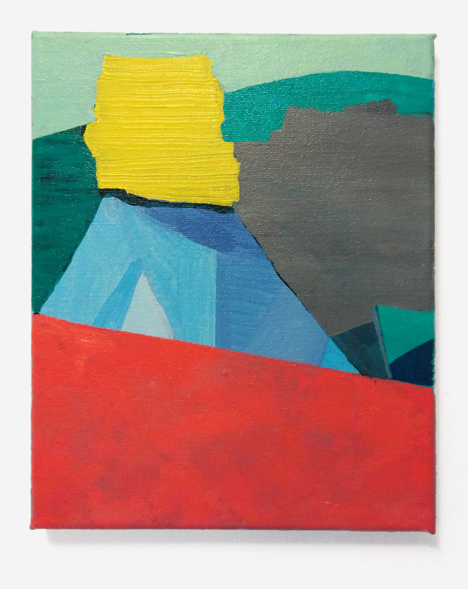 Work in progress, small canvas with yellow, blue, green, red and grey abstract forms. Gary Peters.