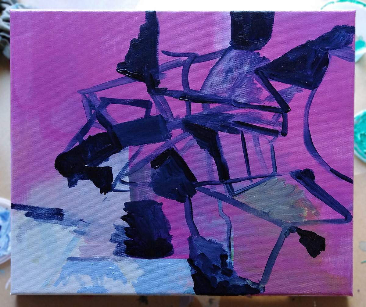 Hot pink canvas with abstract dark blue blocks and lines. 