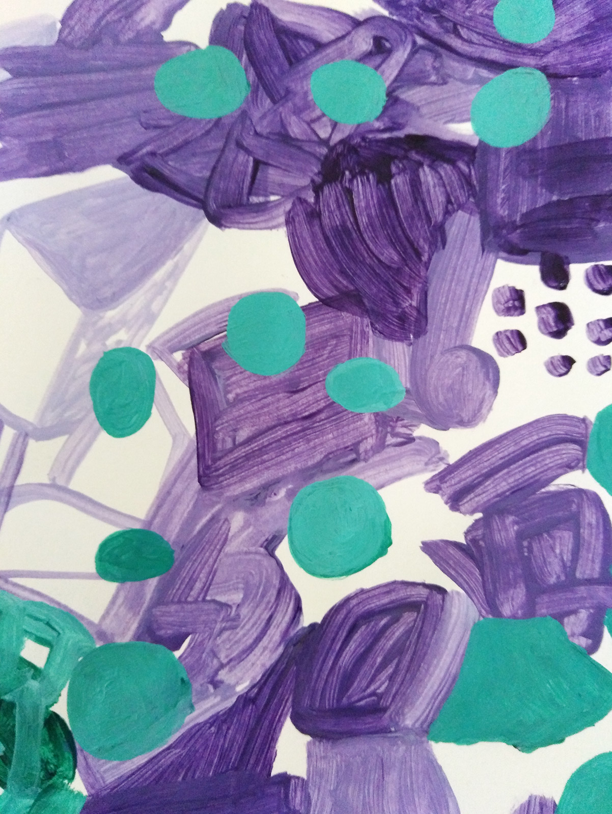 A page from my sketchbook with green paint on top of purple brush marks.