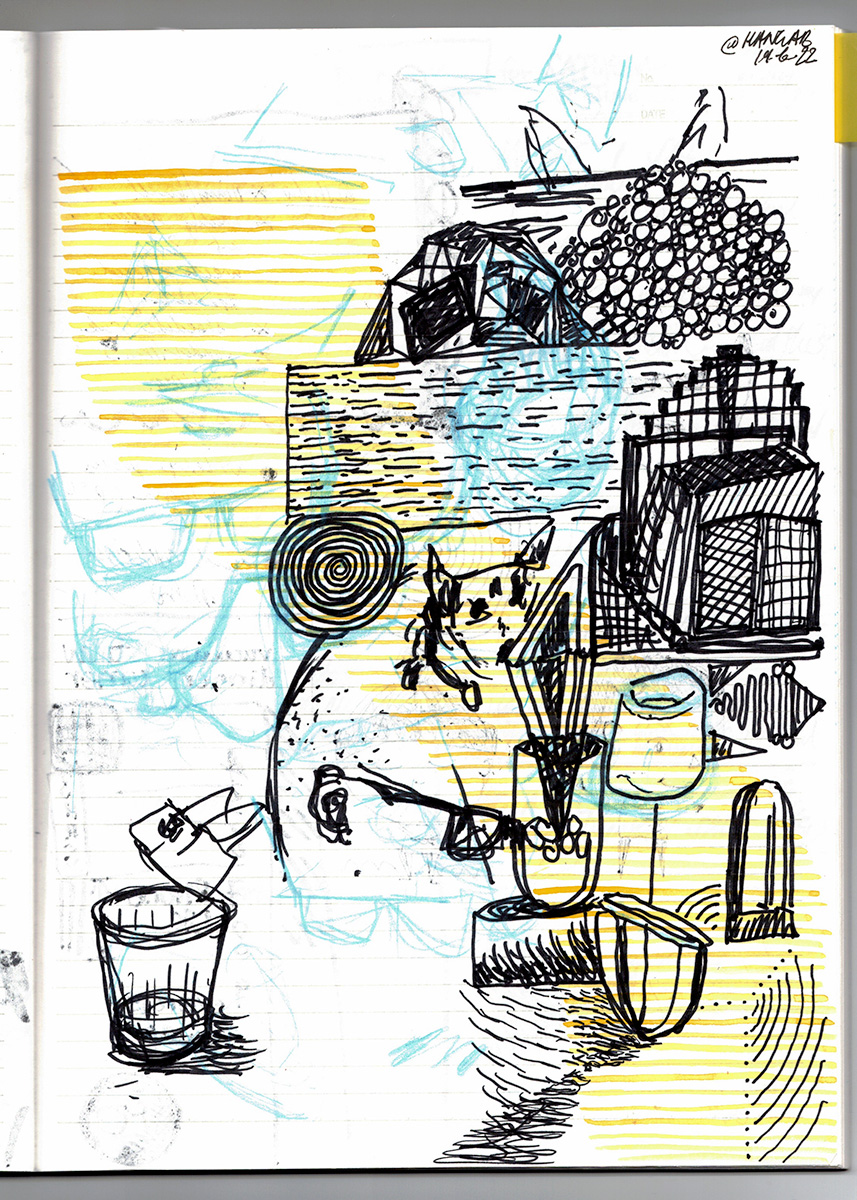 Drawings of a dog, a head with glasses, doodles, and small milk jug all interwoven. 