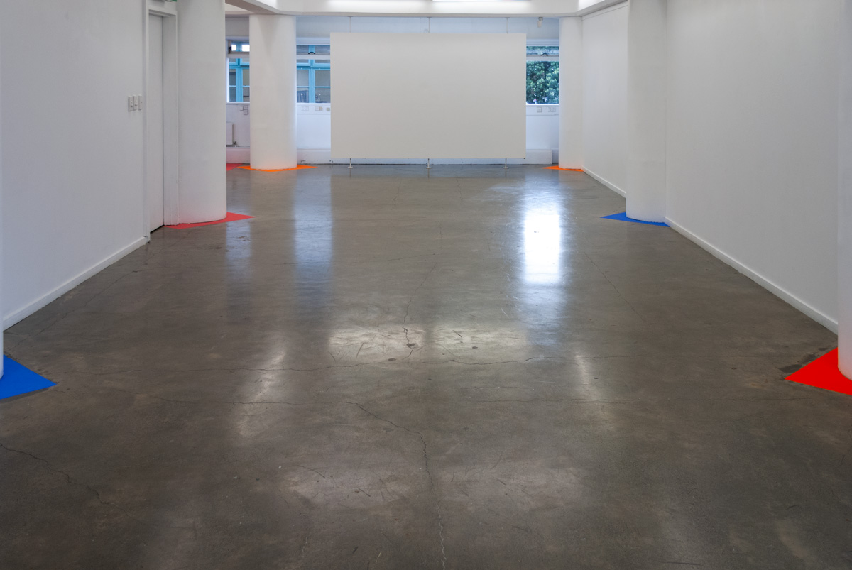 View from the toe of the gallery - powder paint triangles at six columns bases. 